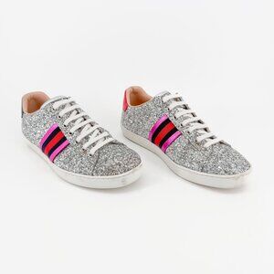 Gucci Ace Low Top Sneakers EU 37.5 US 7.5 Silver Glitter Lace Up Trainer Shoe